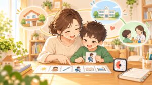 発達障害のある子どもへの関わり方や視覚支援を親子で取り入れているイラスト