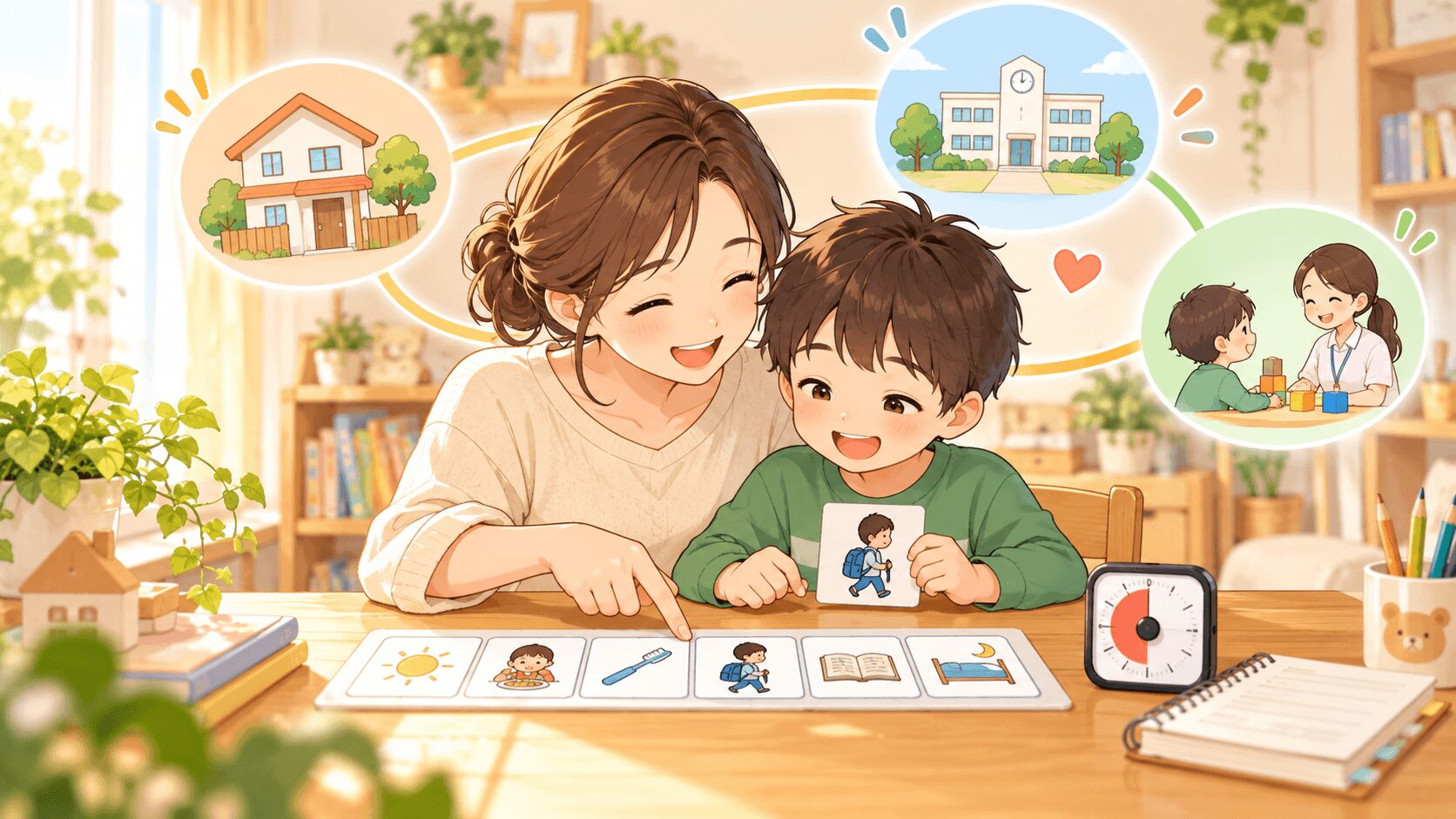 発達障害のある子どもへの関わり方や視覚支援を親子で取り入れているイラスト