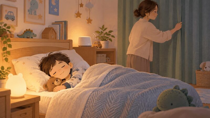 感覚過敏の子どもが安心して眠れるよう寝室環境を整えるイラスト