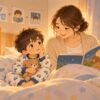発達障害の子どもの寝かしつけを母親がやさしく支える夜ルーチンのイラスト