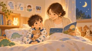 発達障害の子どもの寝かしつけを母親がやさしく支える夜ルーチンのイラスト