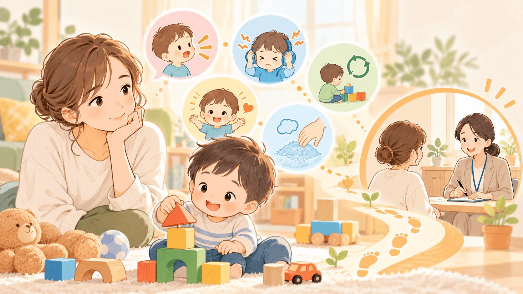 3歳前に気づく発達障害の兆候と早期相談をイメージした親子のイラスト