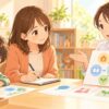 発達クリニックで診断名や支援方針を聞きながら母親がメモを取り子どもの理解につなげているイラスト