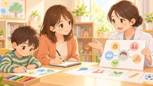 発達クリニックで診断名や支援方針を聞きながら母親がメモを取り子どもの理解につなげているイラスト