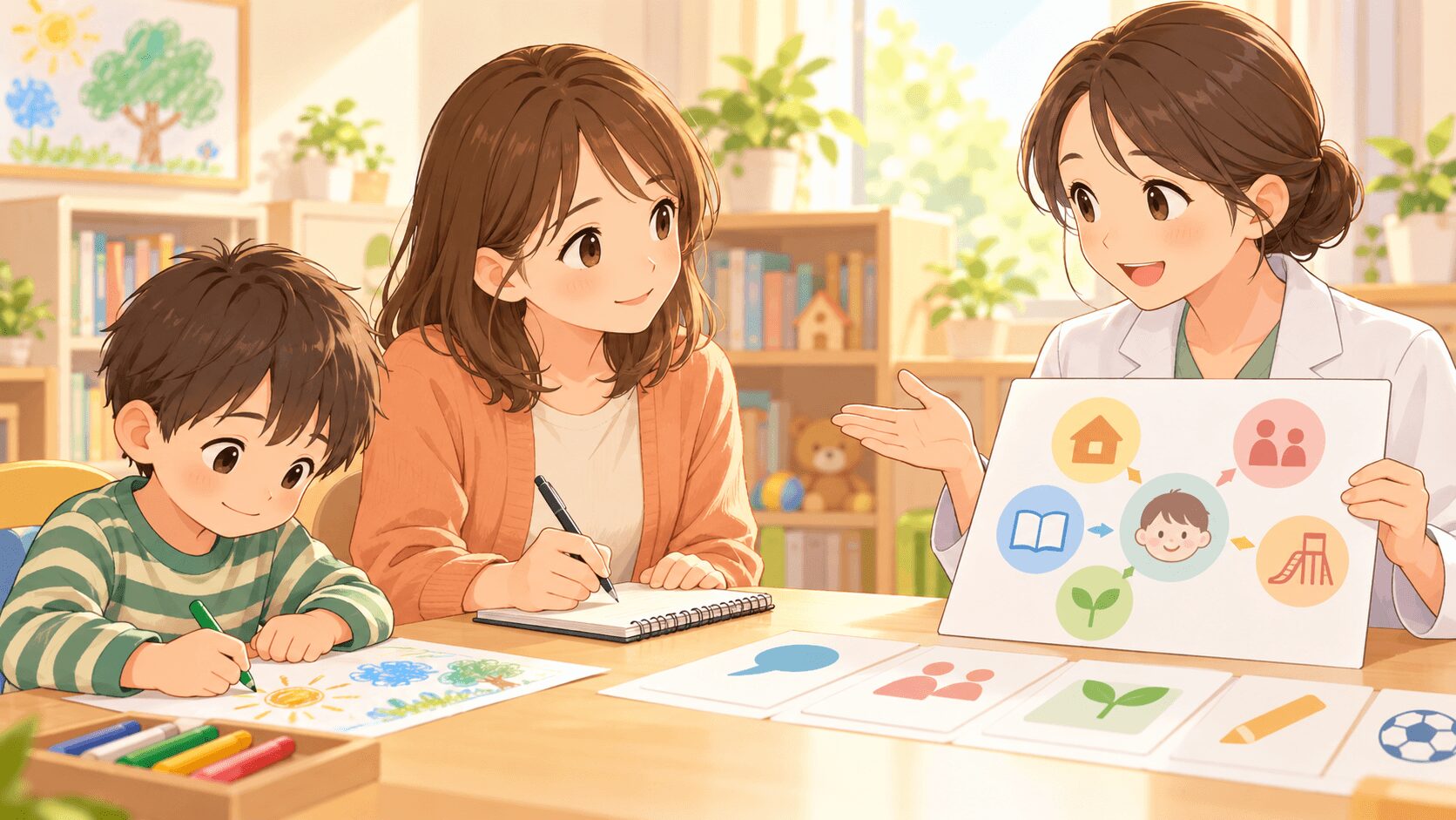 発達クリニックで診断名や支援方針を聞きながら母親がメモを取り子どもの理解につなげているイラスト