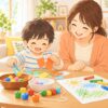 指先が不器用な子が家庭で指先トレーニングに取り組む親子のイラスト