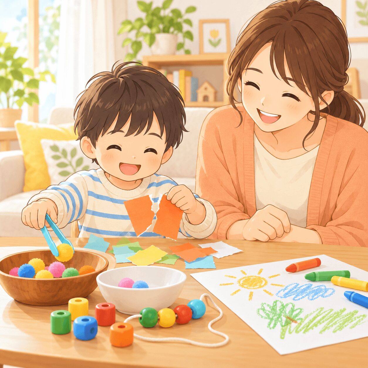 指先が不器用な子が家庭で指先トレーニングに取り組む親子のイラスト