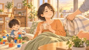 発達障害の子育てに疲れ、家族の助けを受けながら休息する母親