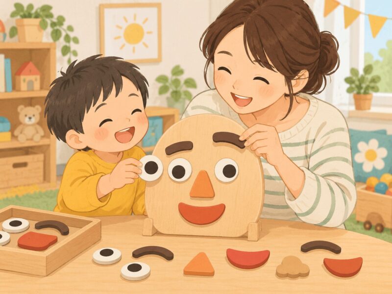 親子で目や口のパーツを組み替えて面白い顔を作るイラスト