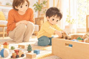 おもちゃの車を箱に戻す子どもに、目線を合わせて穏やかに声をかける母親