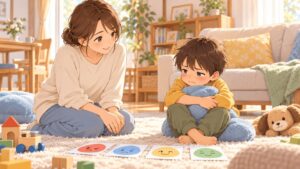 怒りやパニックで泣く男の子を落ち着いて見守る母親