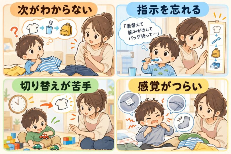 朝の支度ルーチンを視覚スケジュールで見える化した親子のイラスト