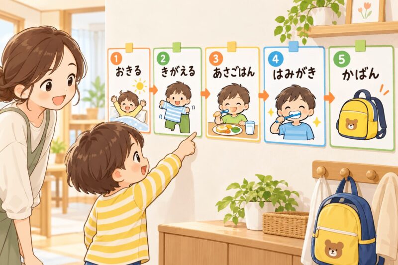 発達特性のある子どもが朝の支度で止まりやすい理由を4つに整理した図解イラスト
