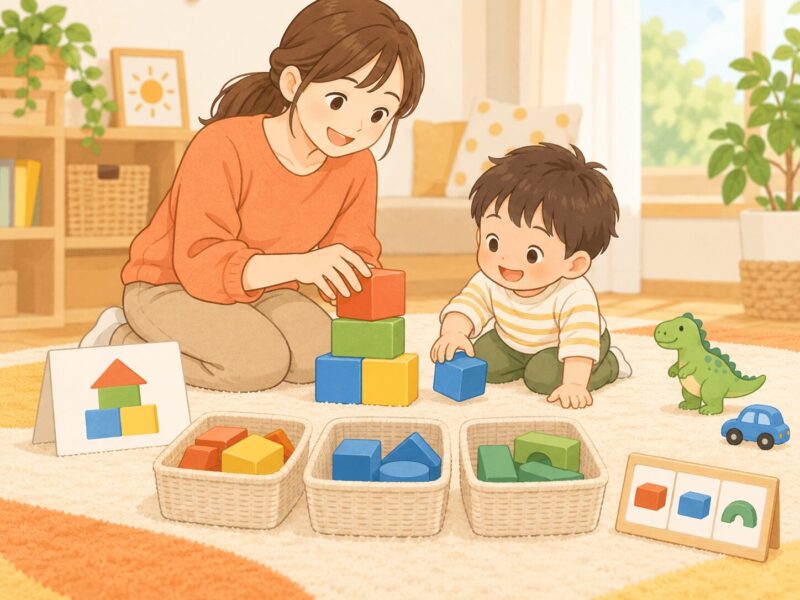 子どもが遊びやすいようにおもちゃの数を絞り積み方を見せる親のイラスト
