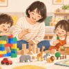 3歳から6歳の子どもと親が積み木やおままごとなどのおもちゃで一緒に遊ぶイラスト