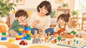 3歳から6歳の子どもと親が積み木やおままごとなどのおもちゃで一緒に遊ぶイラスト