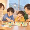 雨の日に親子でボードゲームを楽しむ家族