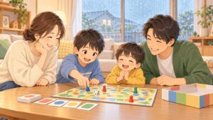 雨の日に親子でボードゲームを楽しむ家族