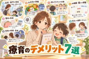 療育の送迎やお弁当、比較、園との調整など親が感じるデメリットをまとめたイラスト
