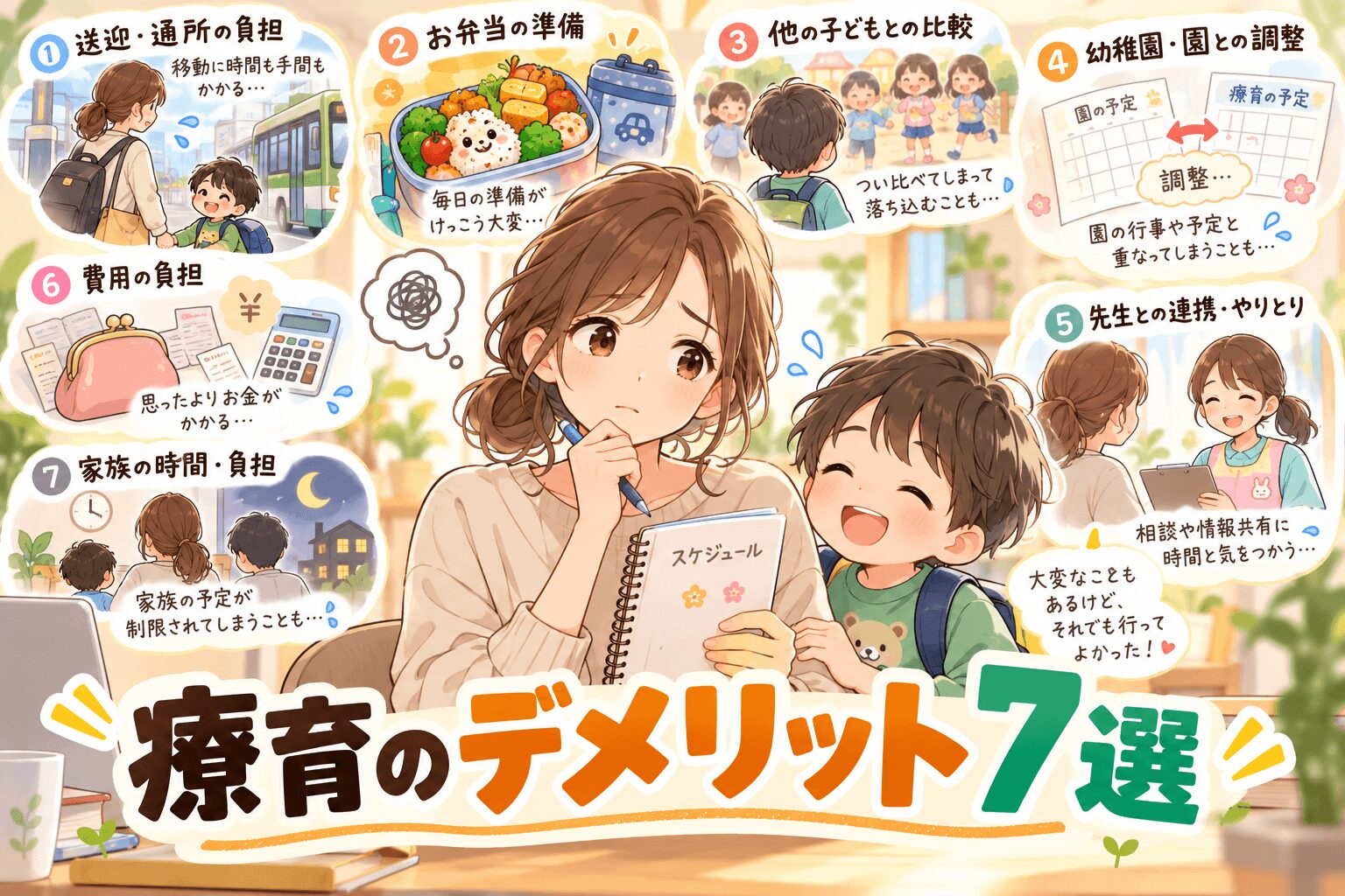 療育の送迎やお弁当、比較、園との調整など親が感じるデメリットをまとめたイラスト