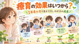 療育を1年4か月続けて見えてきた子どもの成長を振り返る親子のイラスト