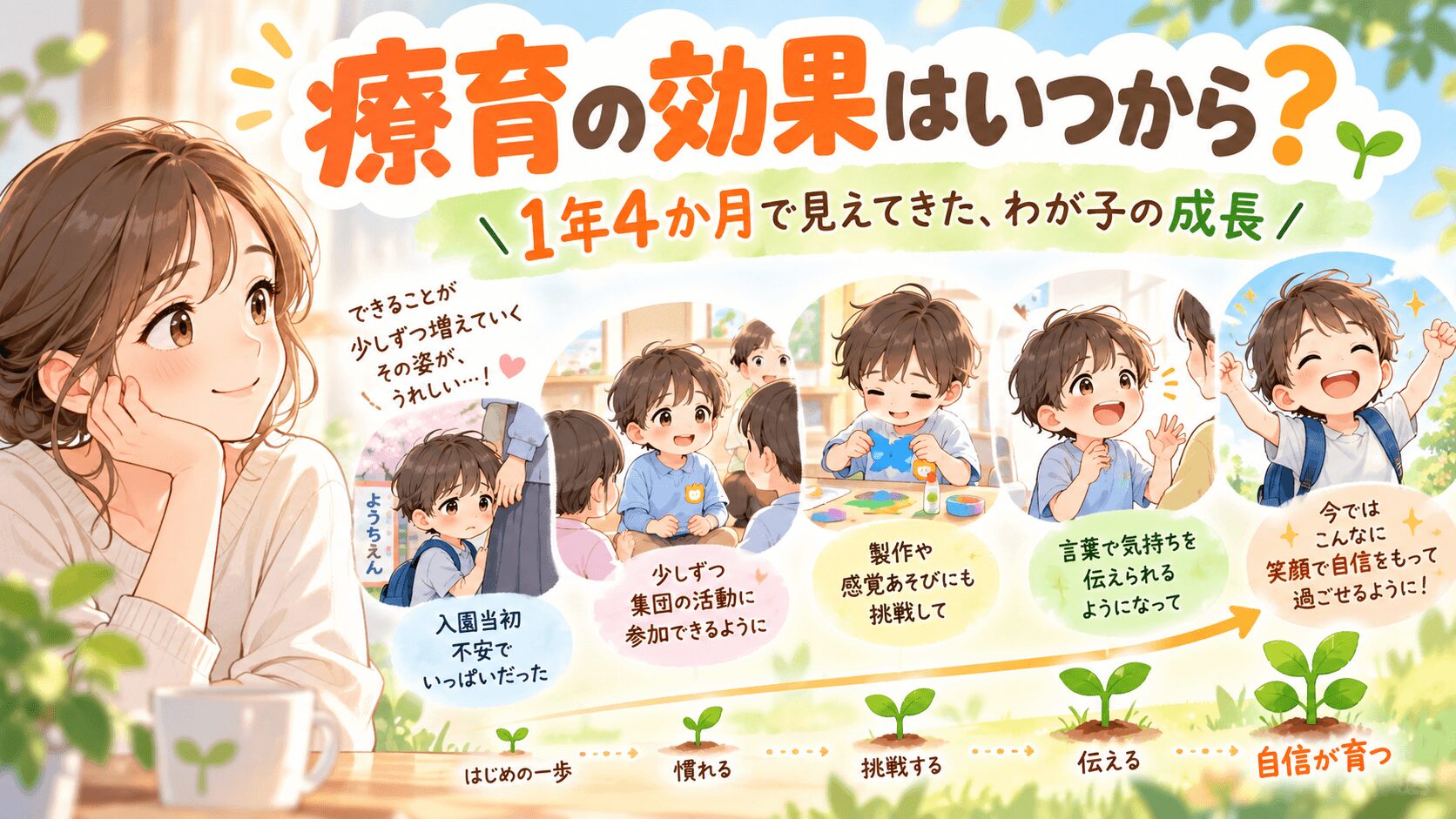 療育を1年4か月続けて見えてきた子どもの成長を振り返る親子のイラスト