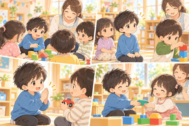 療育を通して集団行動や友達との貸し借りが少しずつできるようになる子どものイラスト