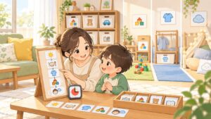 TEACCHの考え方でASDの子どもに家庭で見通しを作る視覚支援のイラスト