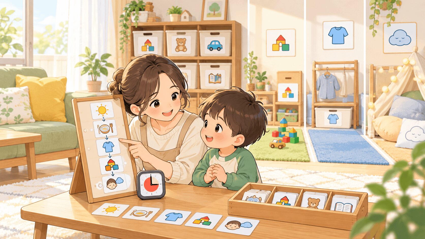 TEACCHの考え方でASDの子どもに家庭で見通しを作る視覚支援のイラスト