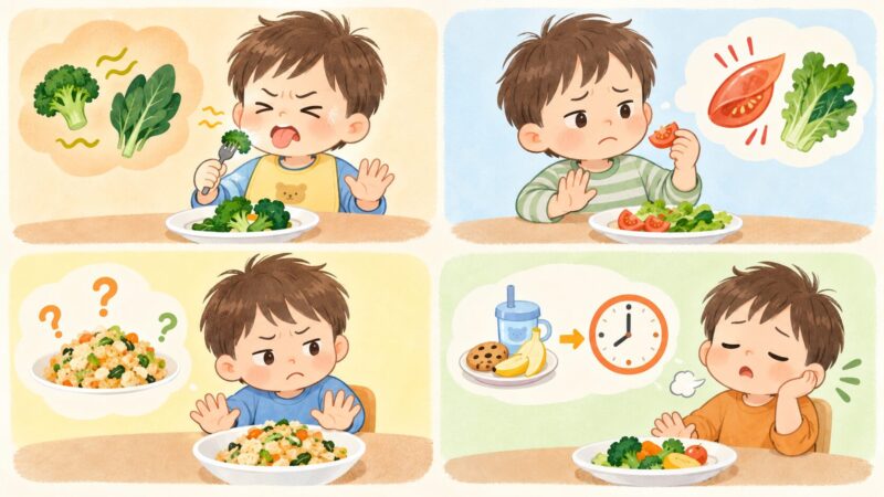 幼児が野菜を食べない理由を味・食感・見た目・空腹リズムで整理した図解イラスト