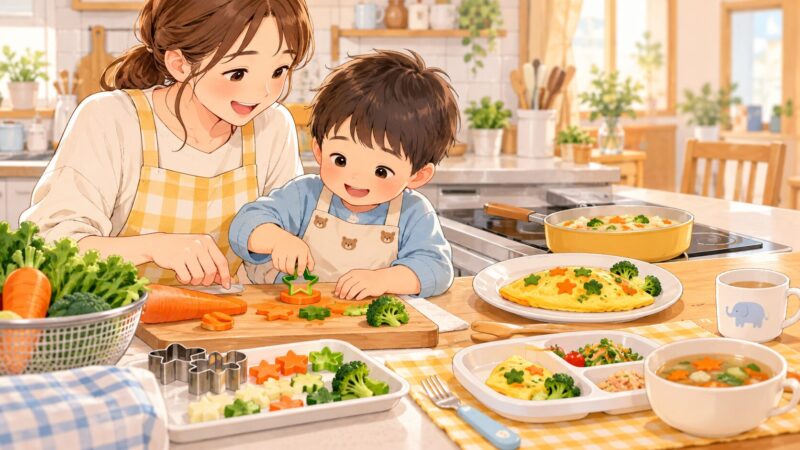 親子で野菜を型抜きしたり料理に混ぜたりして食べやすく工夫するイラスト
