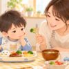 野菜を食べない幼児に母親が無理なく食事をすすめるイラスト