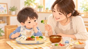 野菜を食べない幼児に母親が無理なく食事をすすめるイラスト