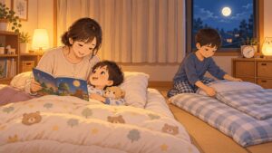 寝る前に絵本を読み生活リズムを整える親子