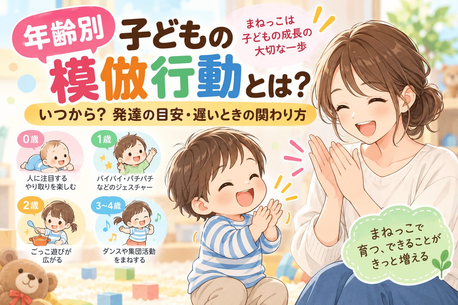 年齢別の子どもの模倣行動と発達の目安を紹介する親子のイラスト