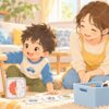ADHDの子どもへの関わり方を家庭でやさしく工夫する母親と子どものイラスト