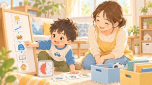 ADHDの子どもへの関わり方を家庭でやさしく工夫する母親と子どものイラスト