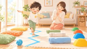 運動が苦手な子どもが家庭でバランス感覚あそびに取り組む親子のイラスト