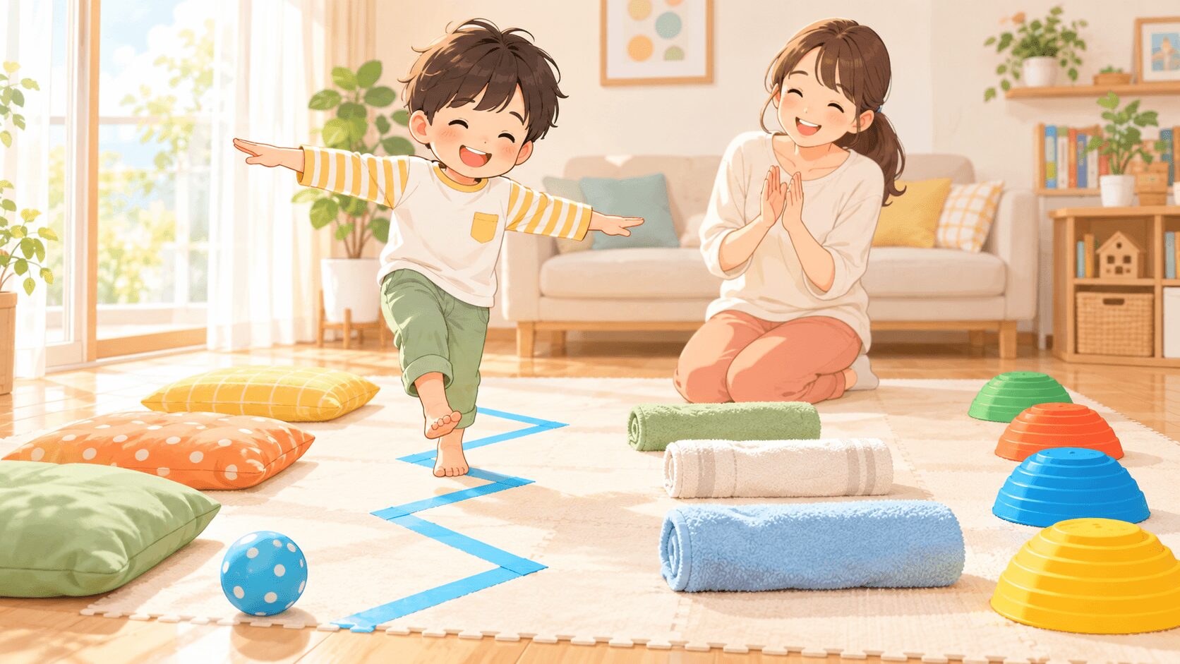 運動が苦手な子どもが家庭でバランス感覚あそびに取り組む親子のイラスト
