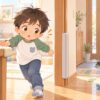 物にぶつかりやすい子どもを母親がやさしく見守るイラスト