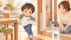 物にぶつかりやすい子どもを母親がやさしく見守るイラスト