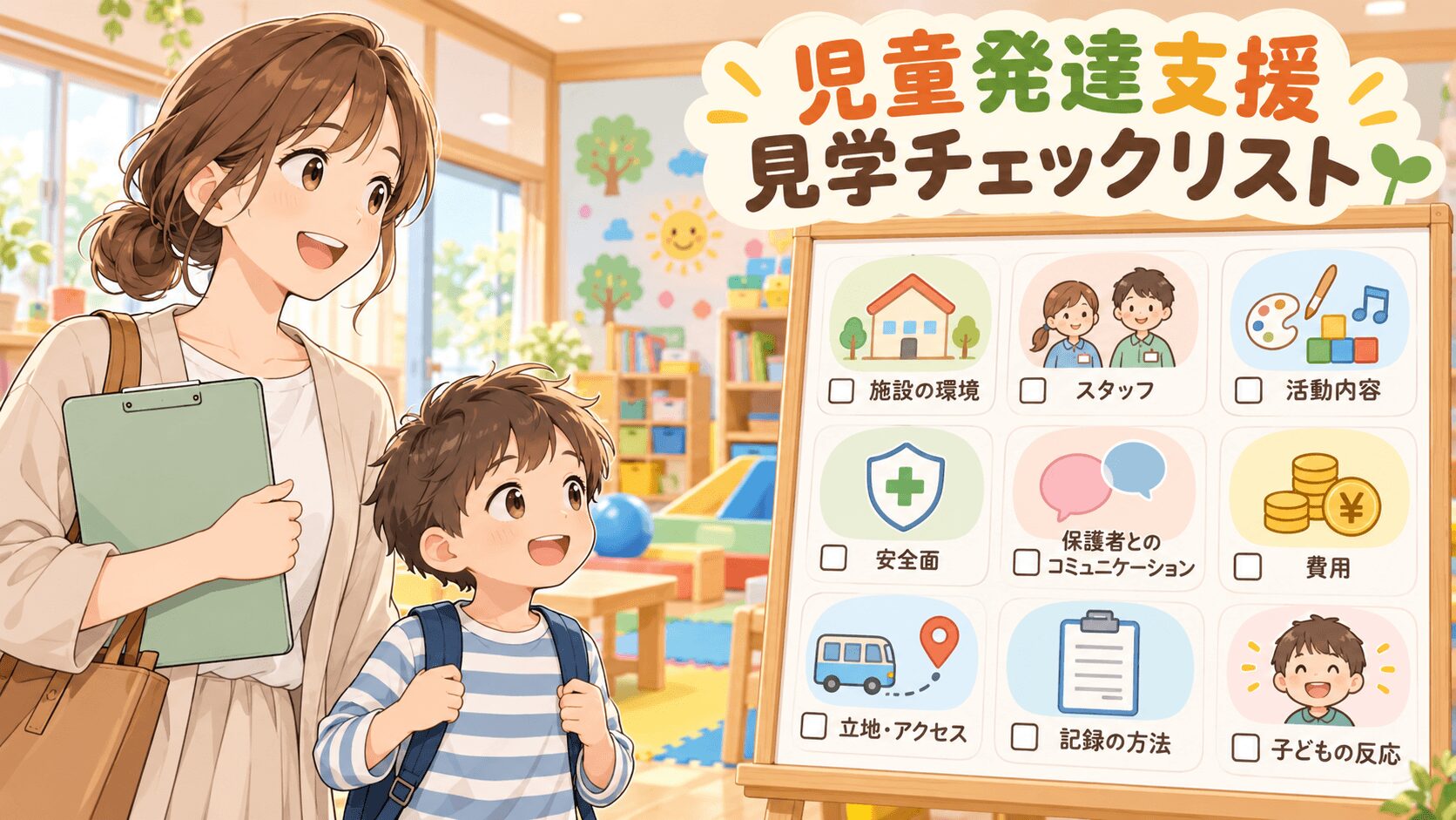 児童発達支援の見学チェックリストを確認する親子のイラスト