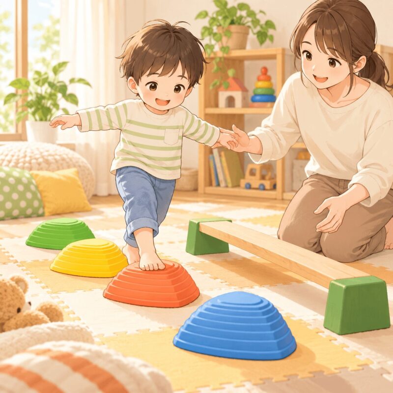 バランスストーンで足裏感覚とバランス感覚を育てる子どものイラスト