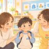 発達障害の子どもが幼稚園や学校の集団生活で安心して過ごせるよう先生と母親が支えるイラスト