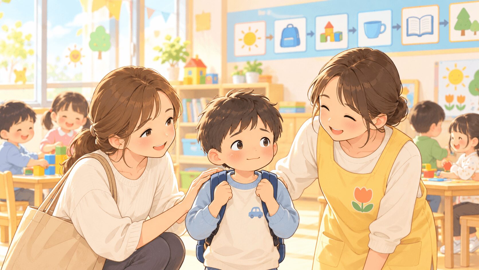 発達障害の子どもが幼稚園や学校の集団生活で安心して過ごせるよう先生と母親が支えるイラスト