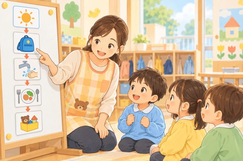 園や学校で視覚支援カードを使って集団生活のルールを分かりやすく伝えるイラスト