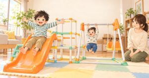 室内ジャングルジムの滑り台や鉄棒で遊ぶ兄弟と見守る母親
