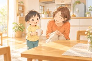 コップを食卓へ運ぶ子どもの小さなお手伝いを、笑顔で喜ぶ母親