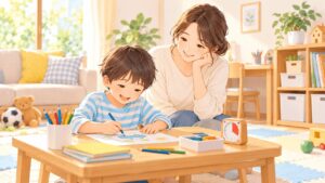 落ち着きがない子どもの集中力を家庭で伸ばすために母親が遊びと環境を整えるイラスト