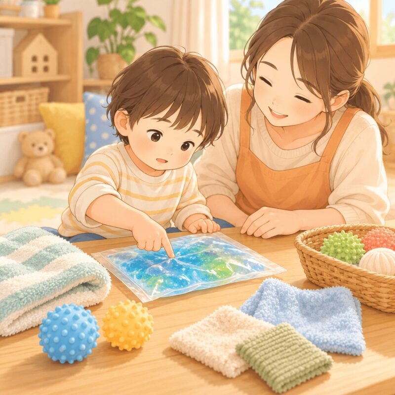 感覚過敏の子どもが袋越しにスライムを触って触覚遊びをするイラスト